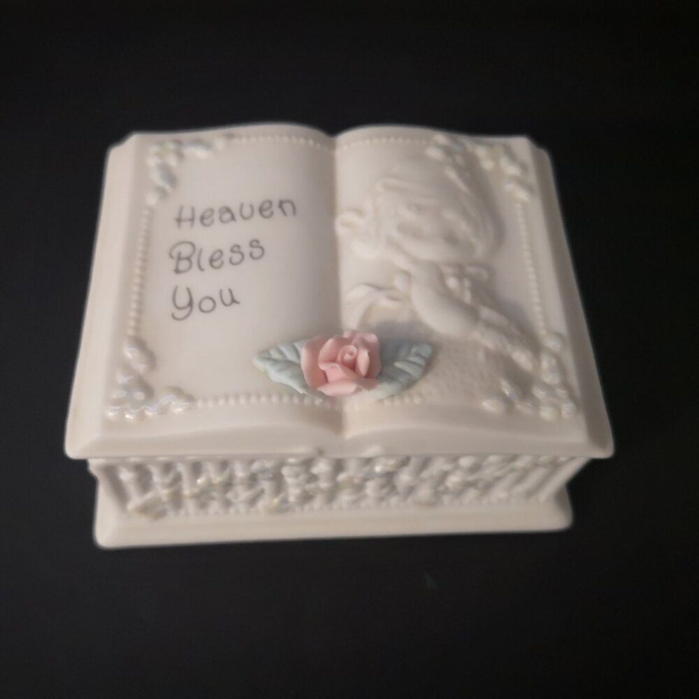 NIB VTG Enesco Precious Moments Heaven Bless You Baptism Trinket Box  w/Lid 1995